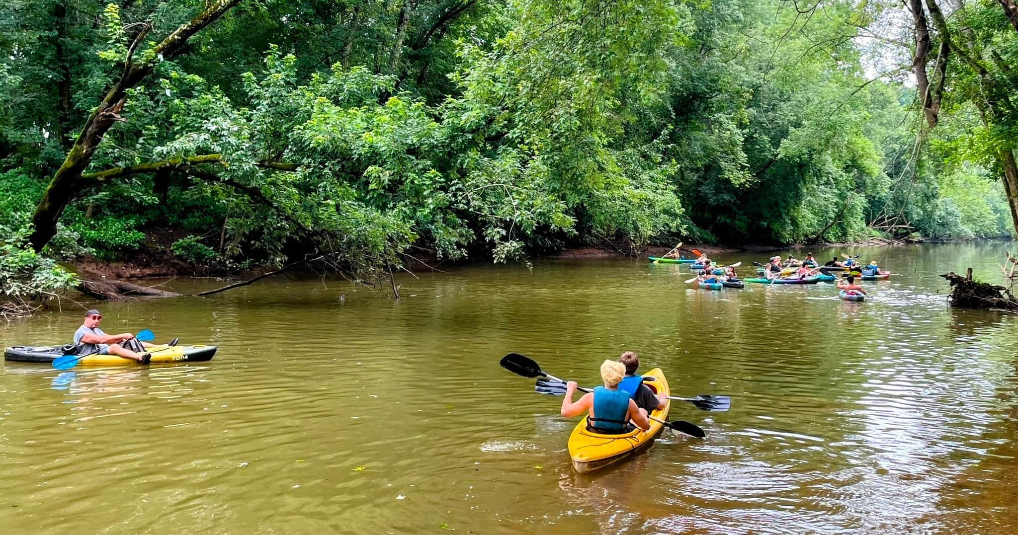 Group kayaking on wooded, calm brown river with visible paddles