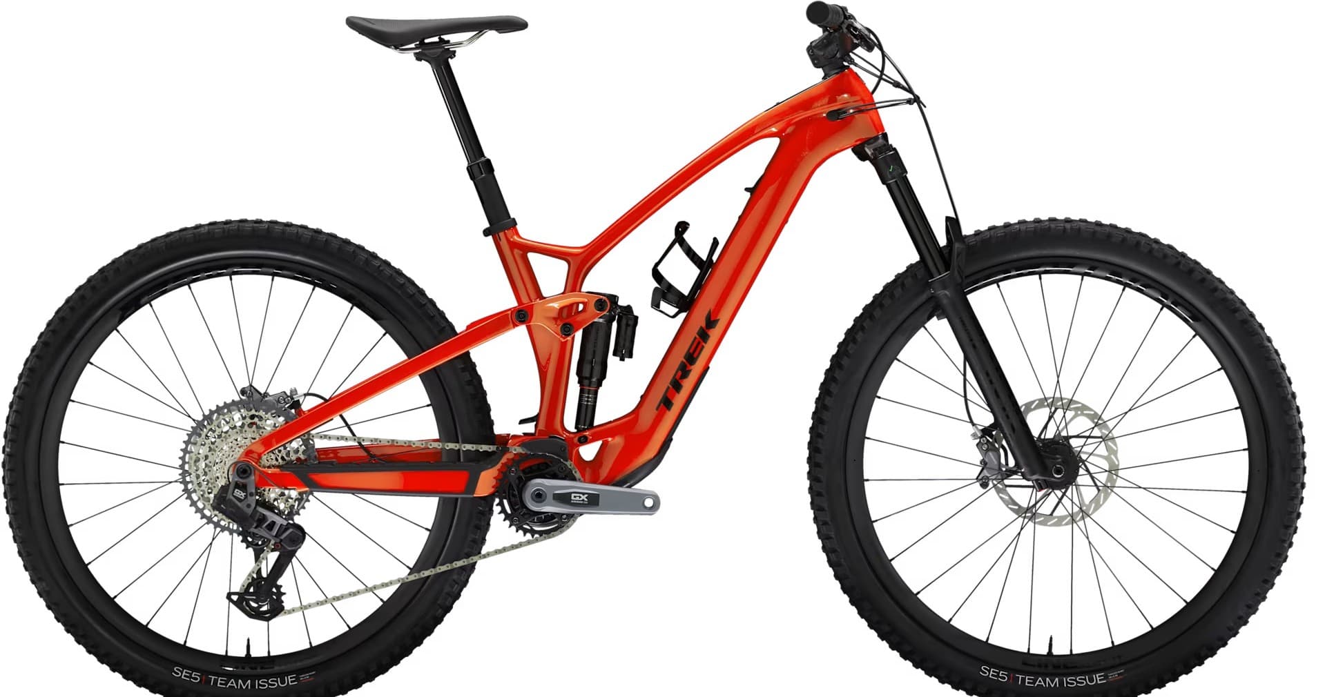 Red full-suspension mountain bike studio shot, ready for trail riding