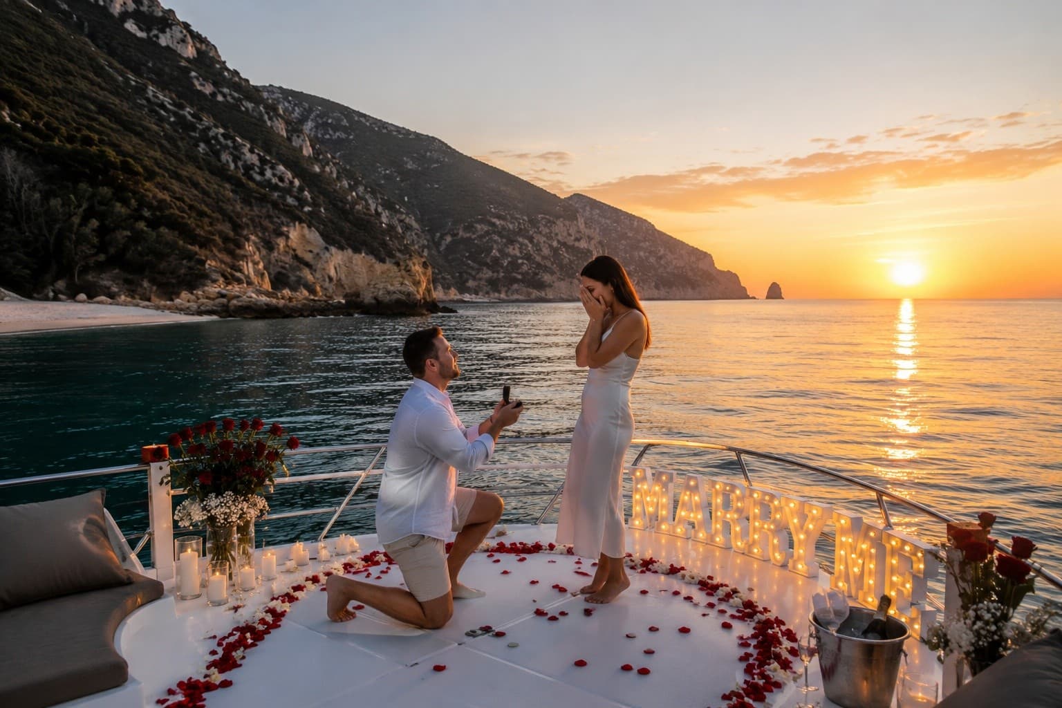 Private Sunset Proposal on the Arrábida Coast — Setúbal Boat Experience