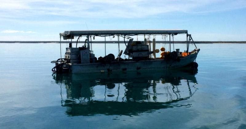 Calm pearl farm pontoon platform on clear coastal water at sunrise