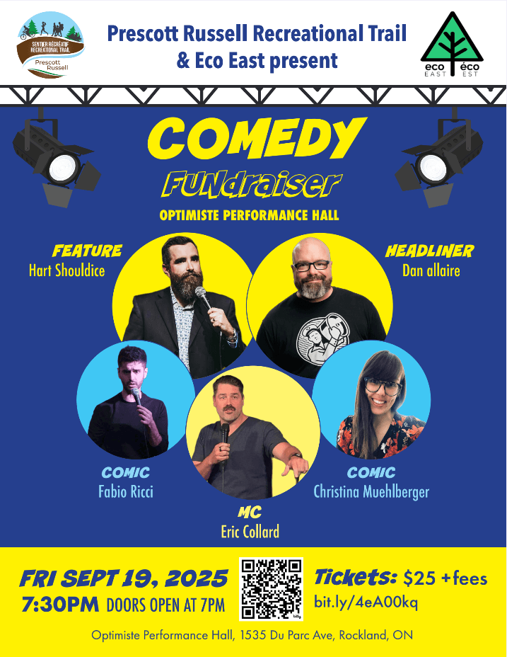 Indoor comedy fundraiser poster promoting stand-up at performance hall