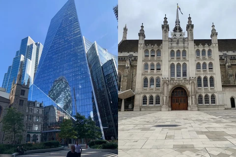 Modern glass skyscrapers and historic civic building in London