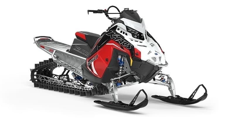 White and red snowmobile long-track model on white background