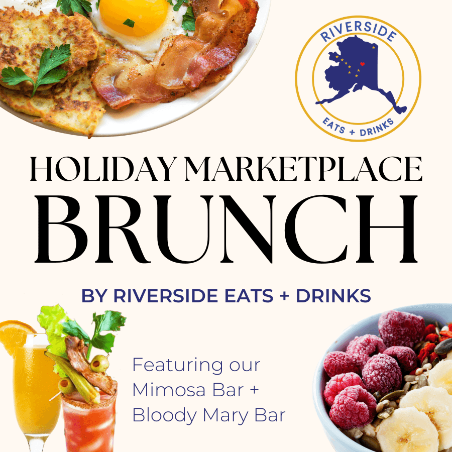 Holiday marketplace brunch poster for Riverside Eats & Drinks event
