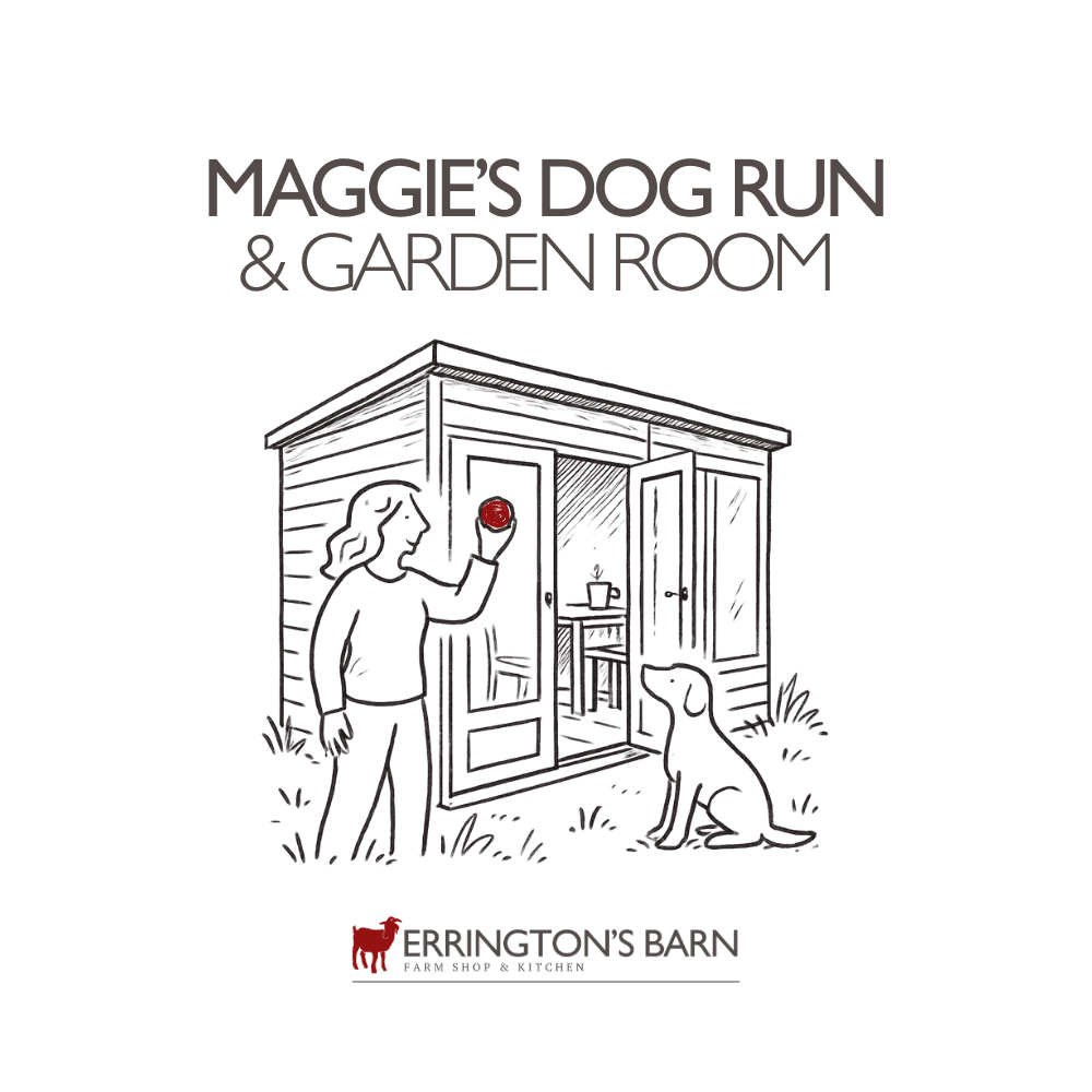 Illustrated garden room and dog run logo for farm shop