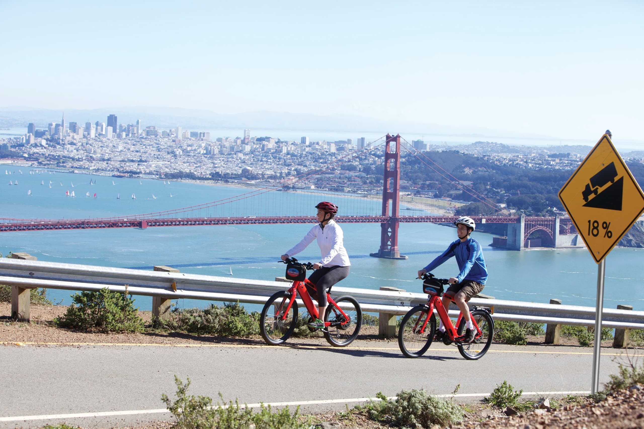 Cyclists riding with San Francisco skyline and bay view behind