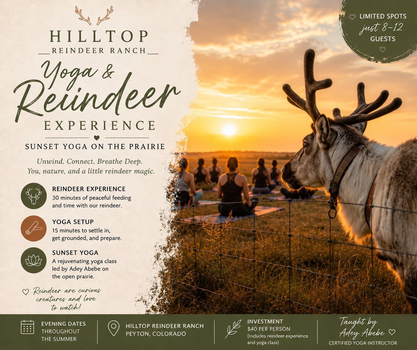 Prairie Sunset Yoga & Reindeer Encounter Near Peyton, Colorado