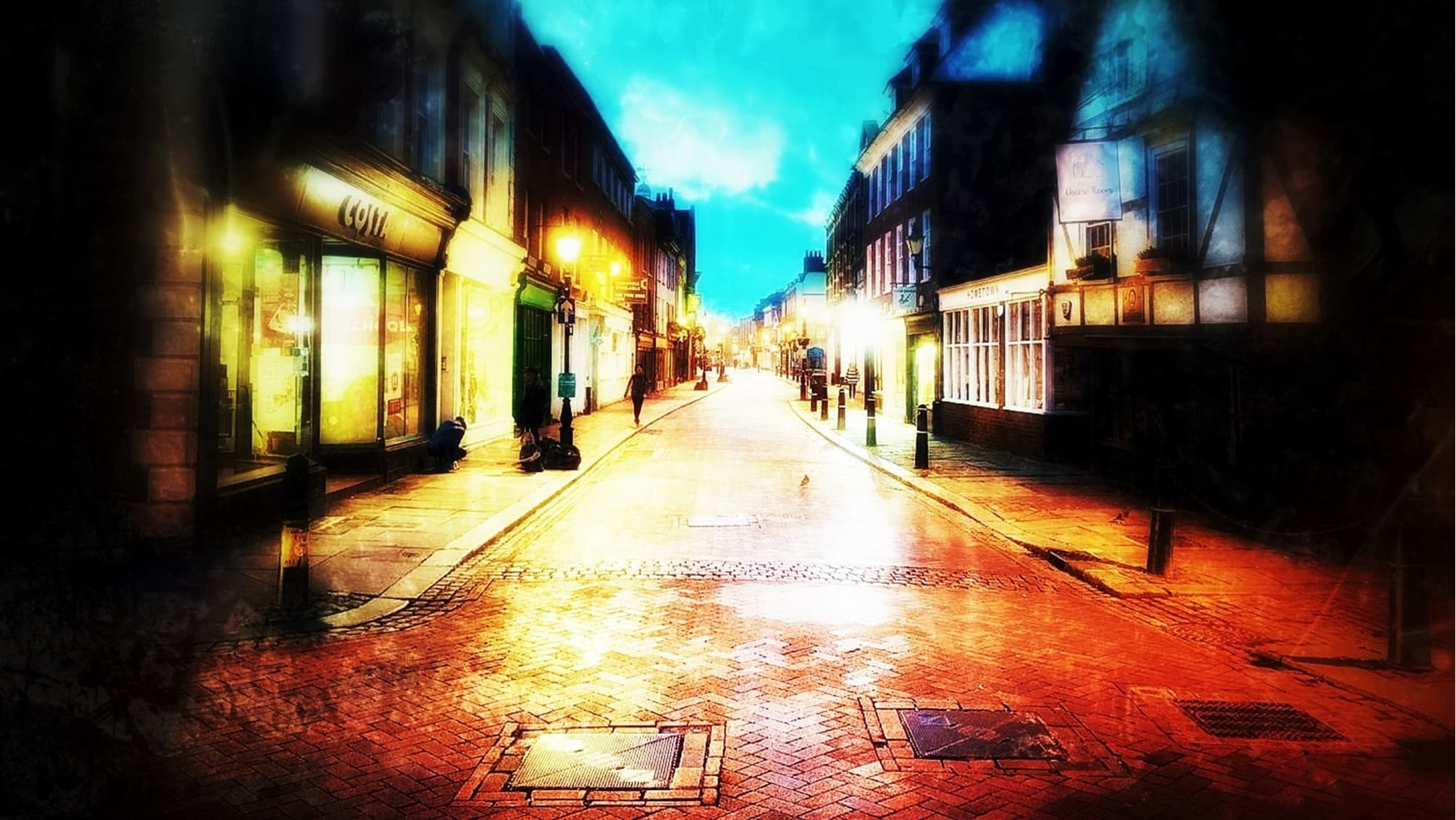 Nighttime illuminated pedestrian street with moody artistic glow