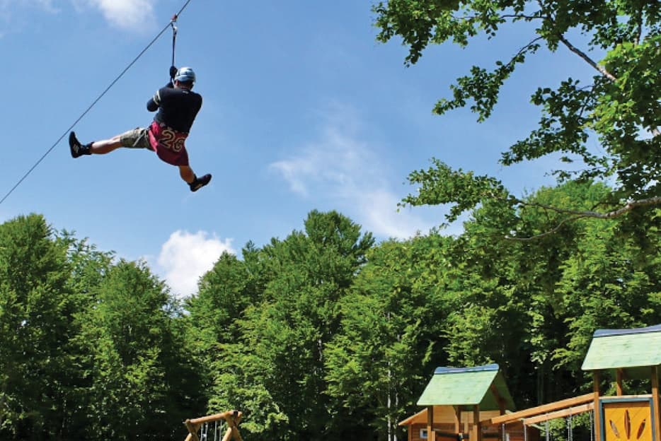 Person ziplining through forest canopy over wooden platforms
