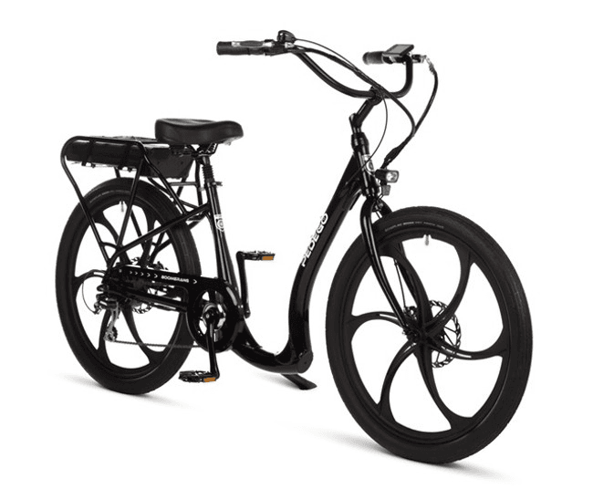 Black electric cruiser bike on white studio backdrop for city rides