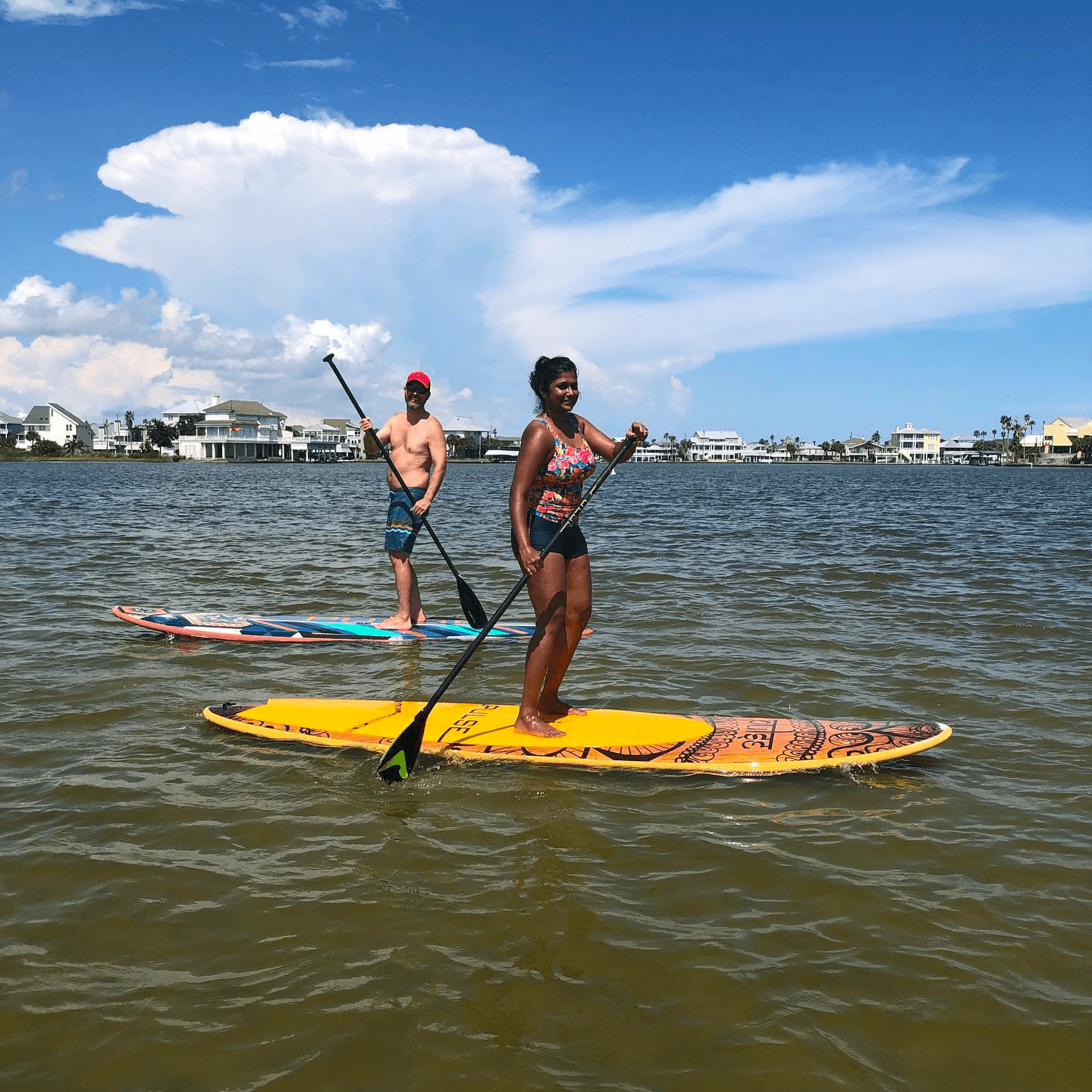 Standup paddleboarders cruising bay waters under blue sky