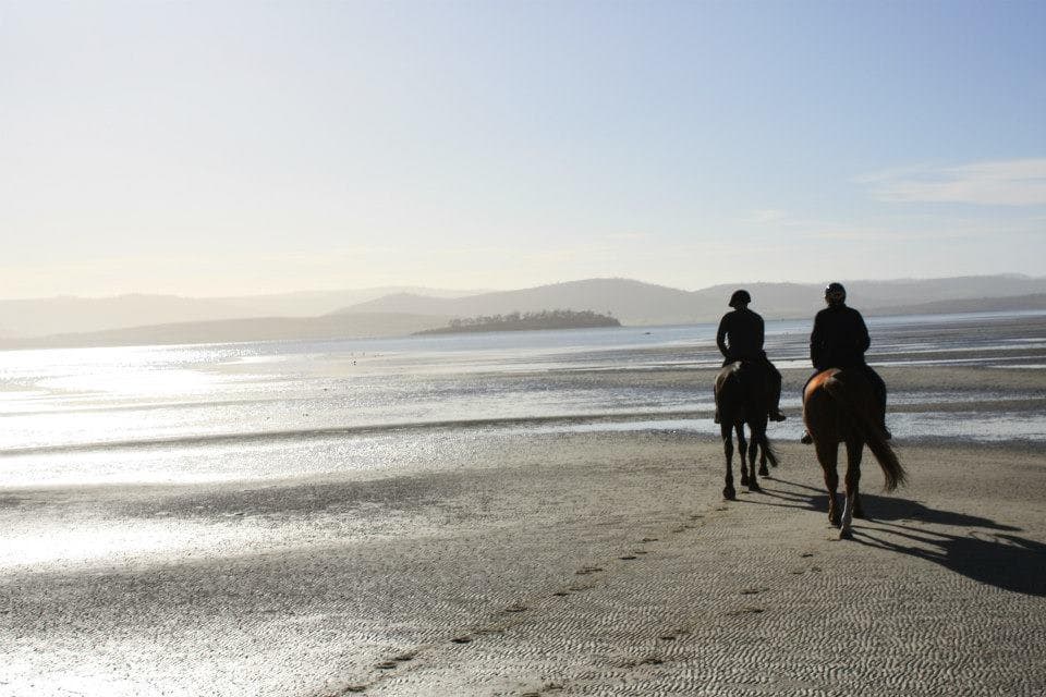 Silhouetted riders on expansive Tasmanian beach at low tide