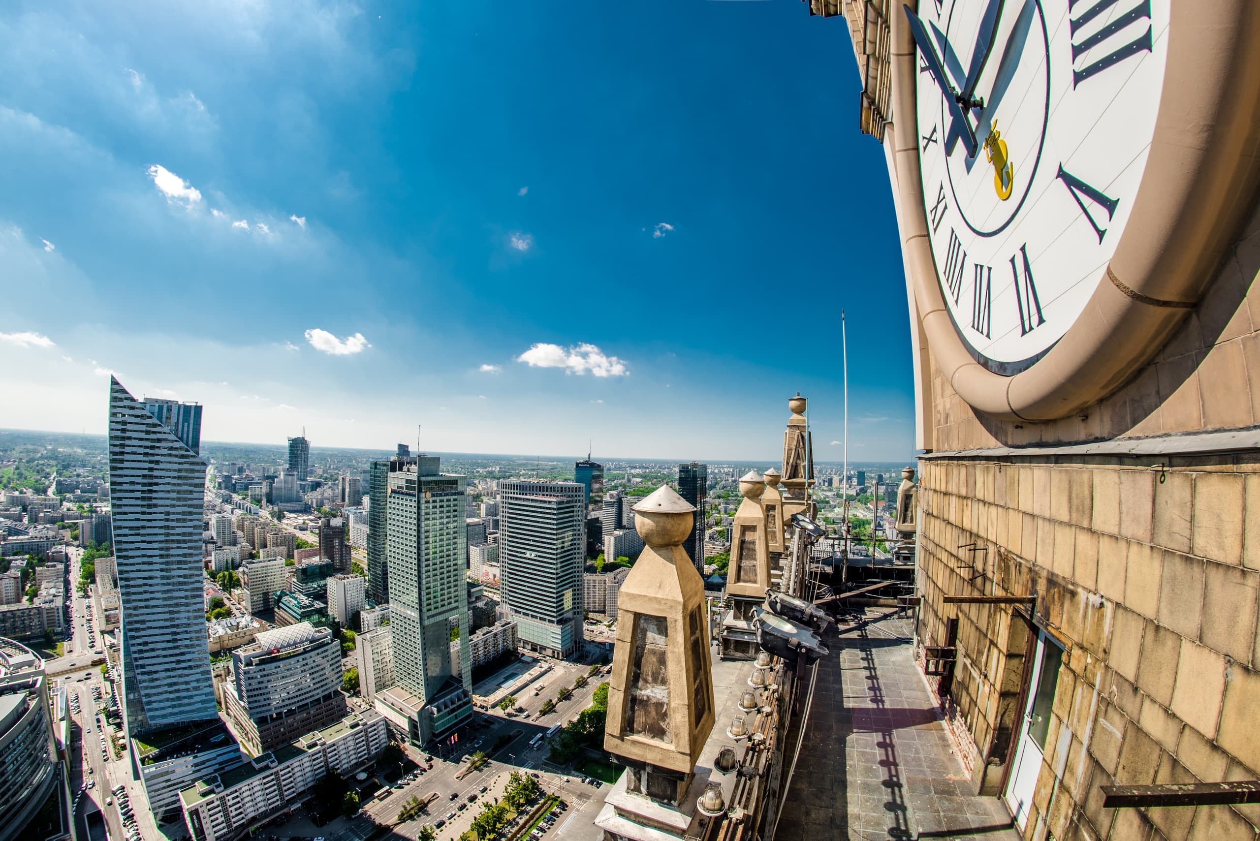 Clock tower view over Warsaw skyline, panoramic city sightseeing