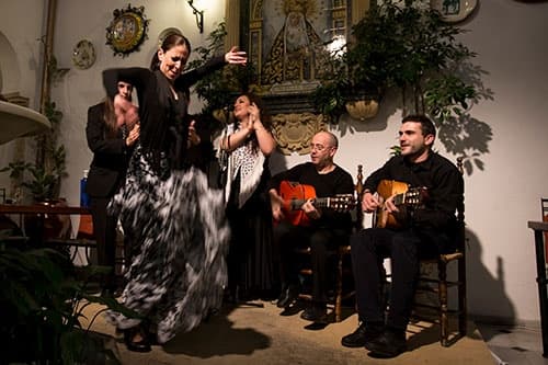 Flamenco musicians and dancers performing in intimate Cordoba venue