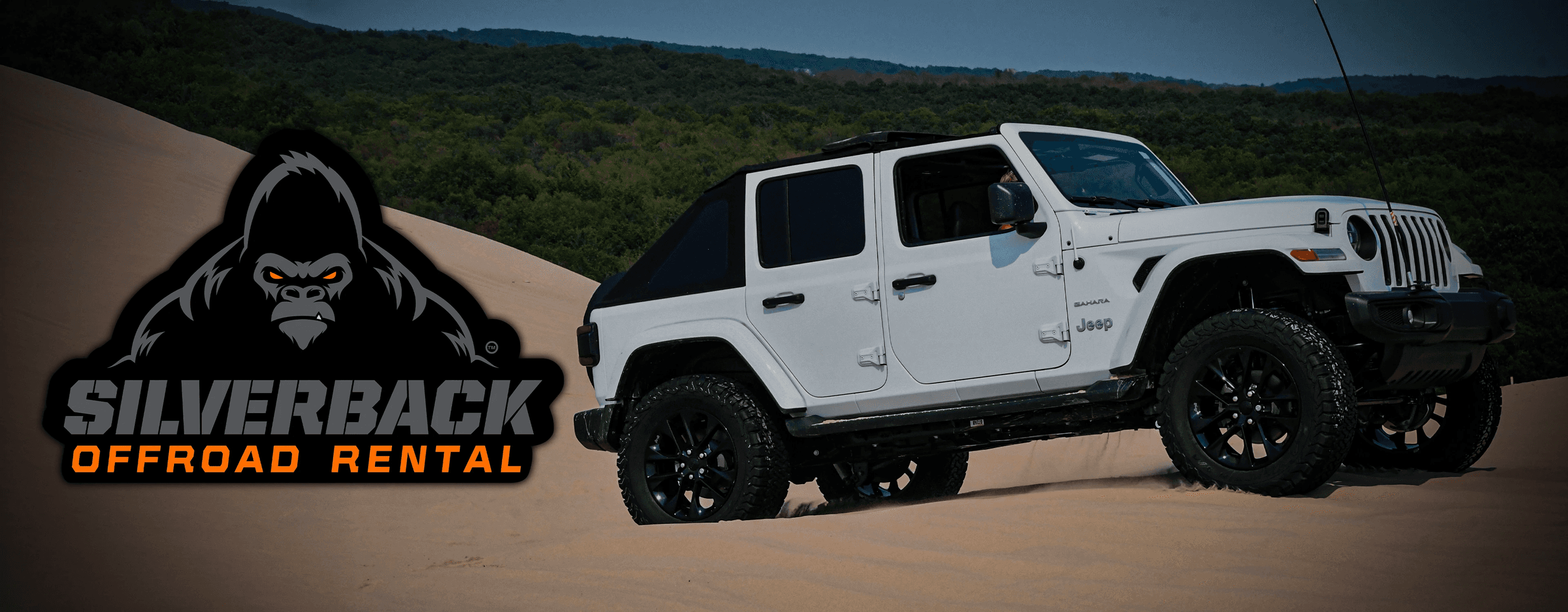 White Jeep Wrangler on sand dunes with Silverback logo, beach drive