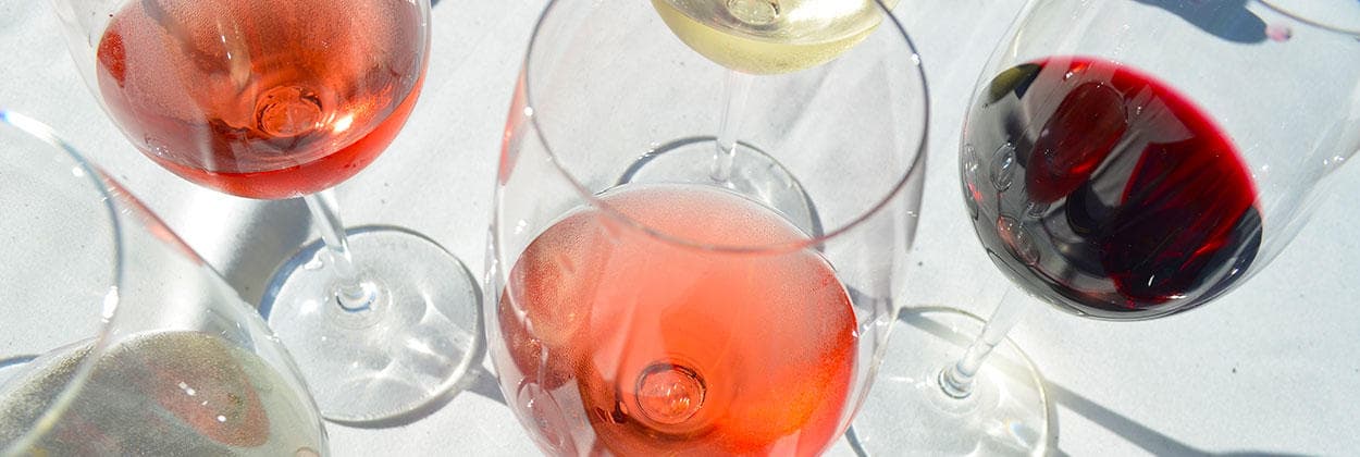 Assorted wine glasses for tasting, rosé and red pours