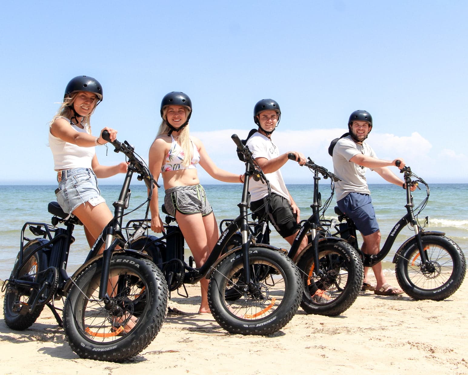 Fat-tire ebike riders on sandy beach near Lake Michigan shore