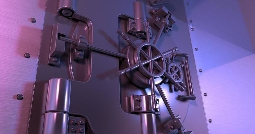 Industrial vault door with locking mechanism, secure indoor challenge
