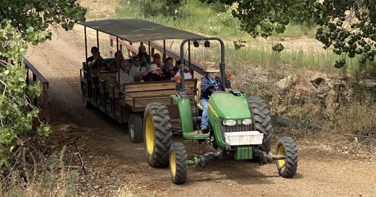 Tractor hayride through scenic rural farm trail with passengers