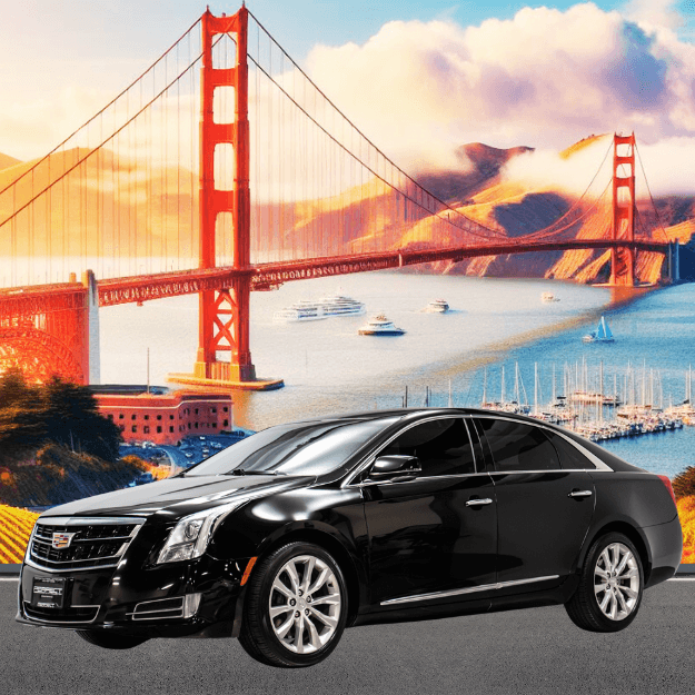Black luxury sedan near Golden Gate Bridge scenic San Francisco