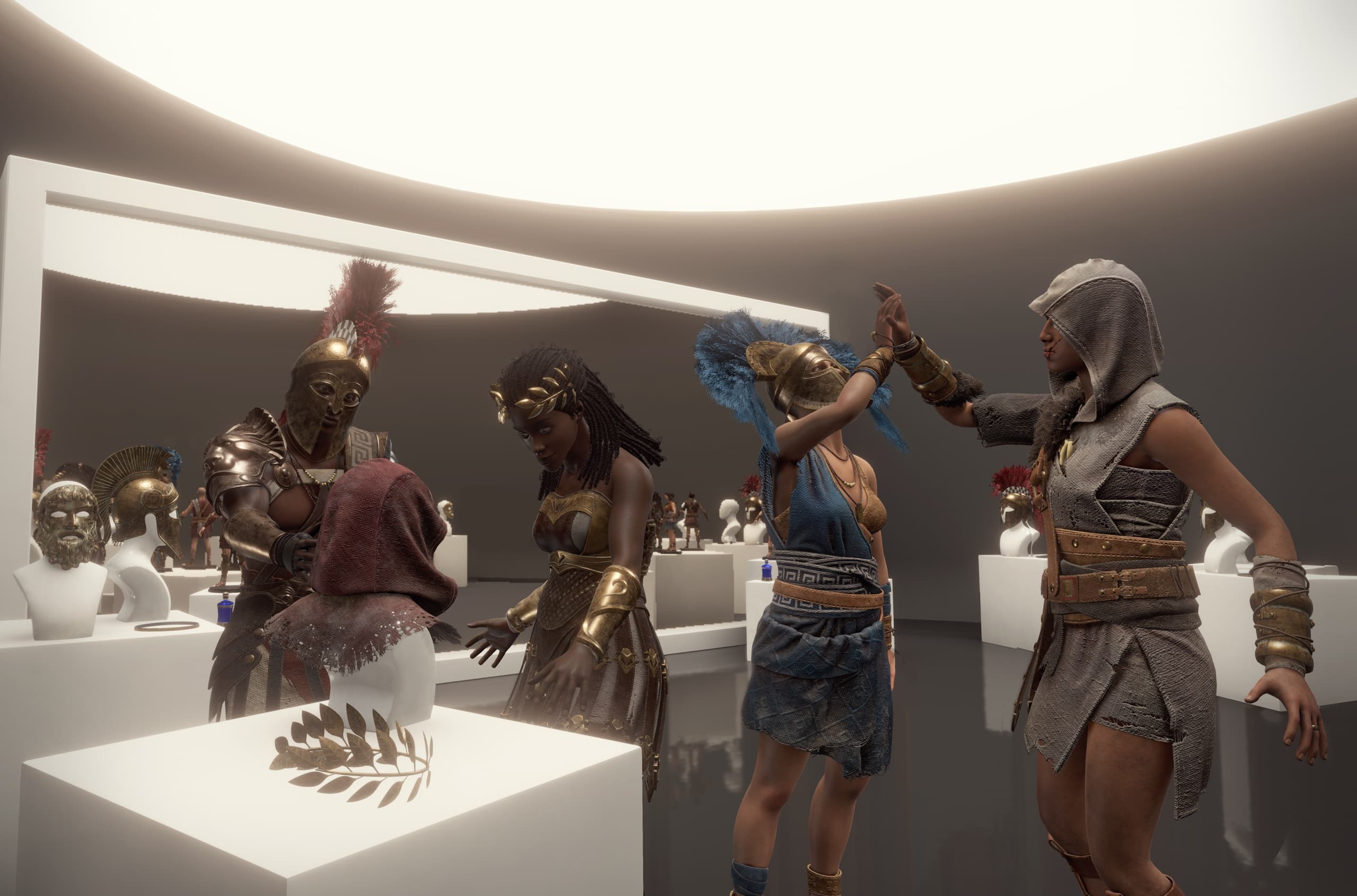 Group exploring ancient artifacts in bright simulated chamber