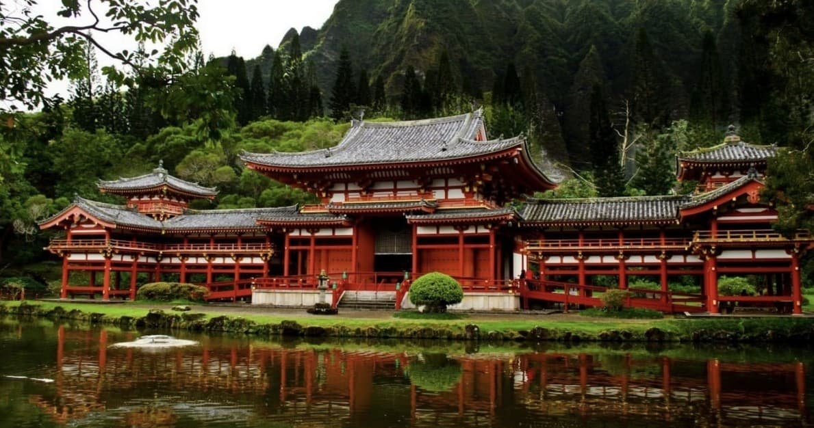 Byodo-In Temple with reflecting pond at Valley of the Temples, Oahu