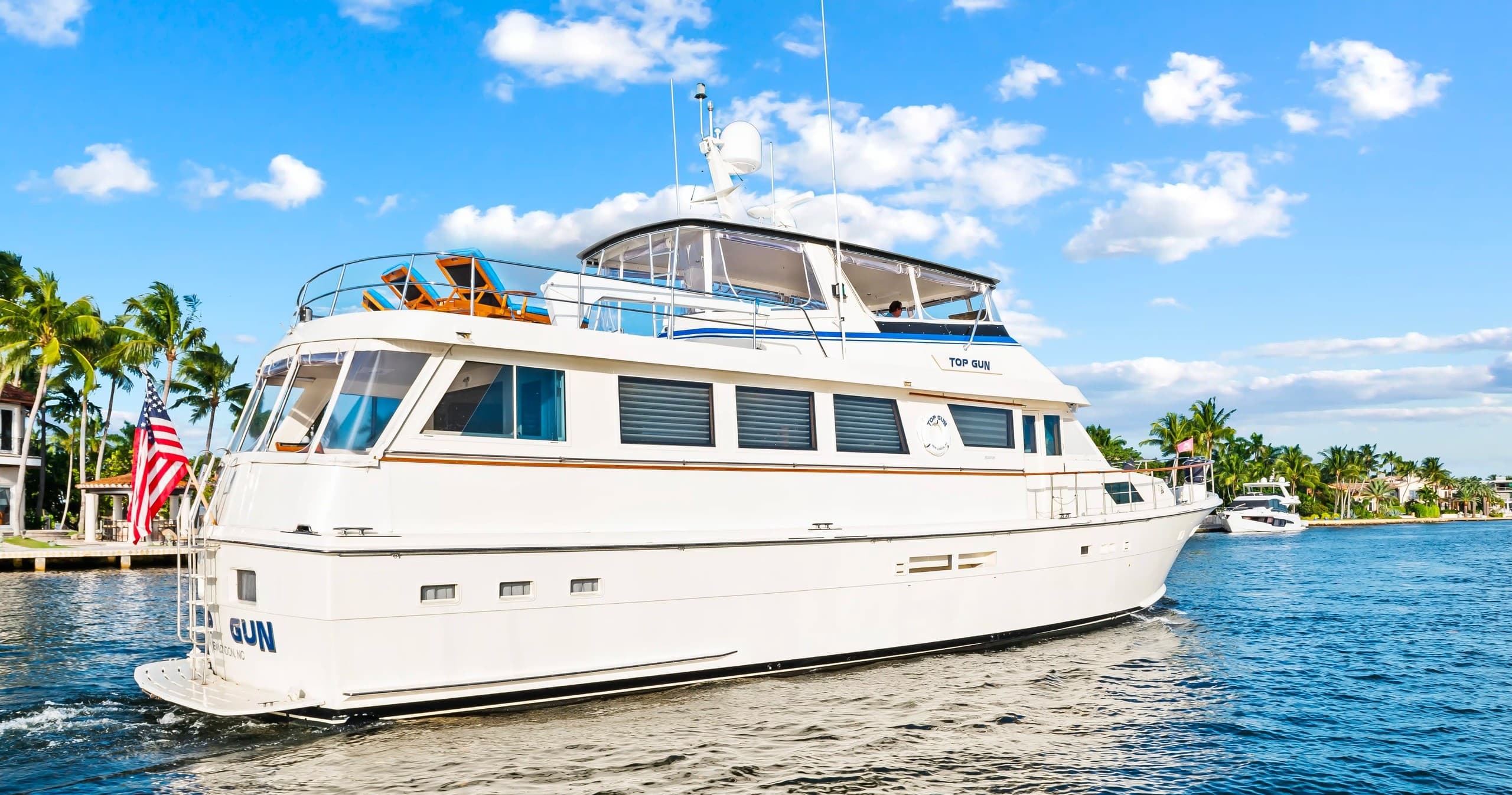 White yacht cruising coastal waterfront with palm trees