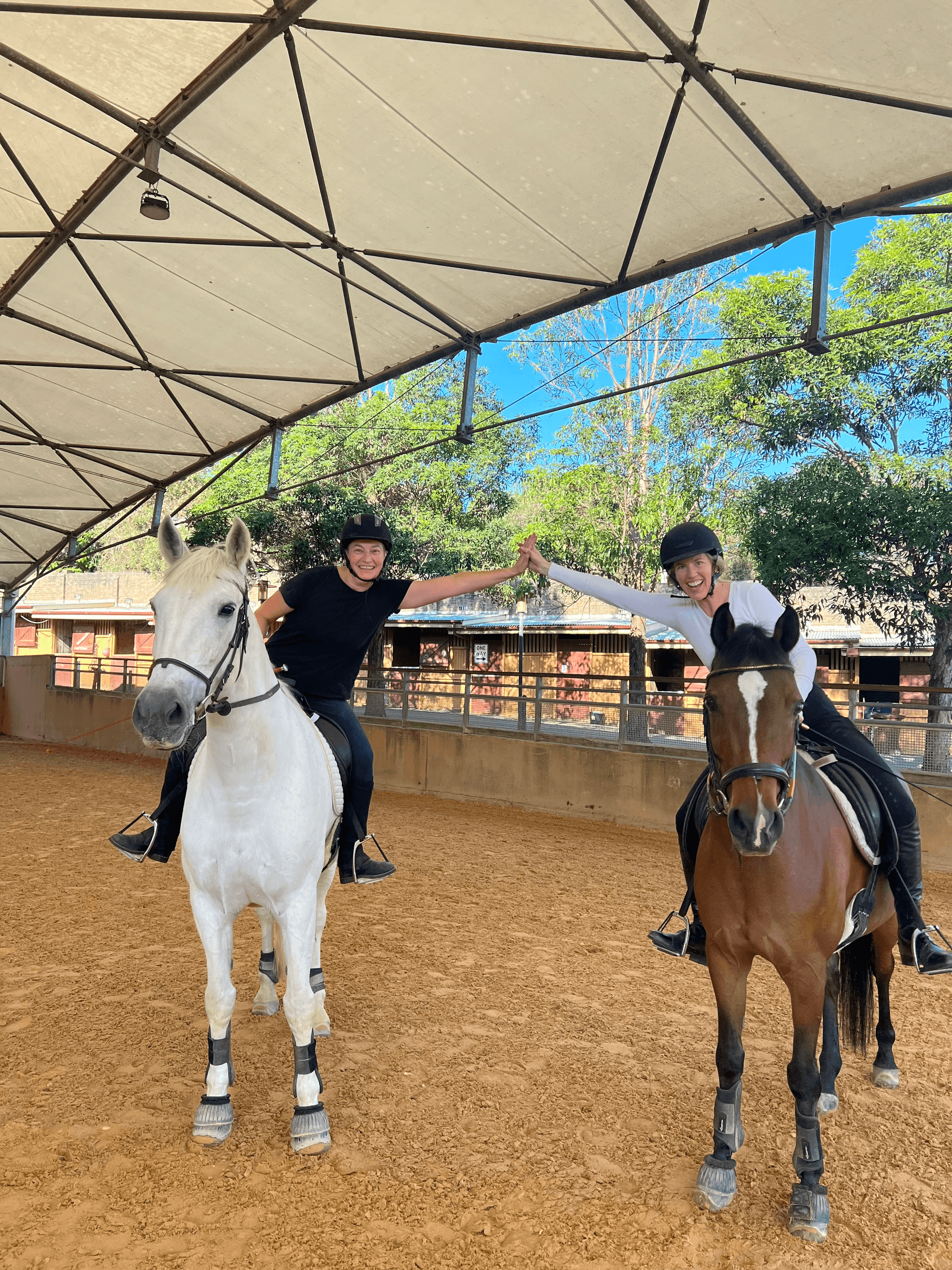 Two riders on horseback in covered arena giving high five