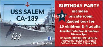 USS Salem birthday party flyer showing ship tours at Battleship Cove