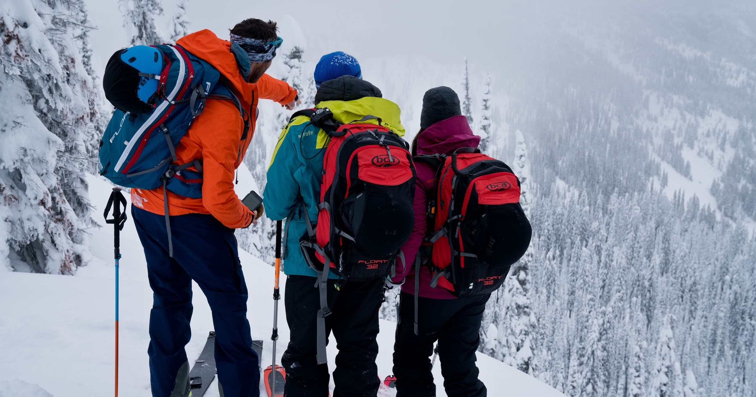 Backcountry skiers surveying snowy alpine valley view