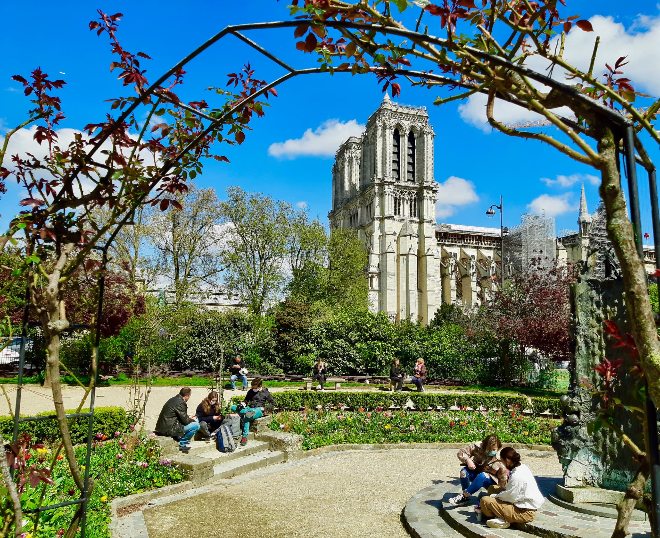 People relaxing in garden with Notre-Dame cathedral views in Paris