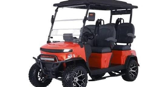 Red four-seat golf cart rental on white background for island tours