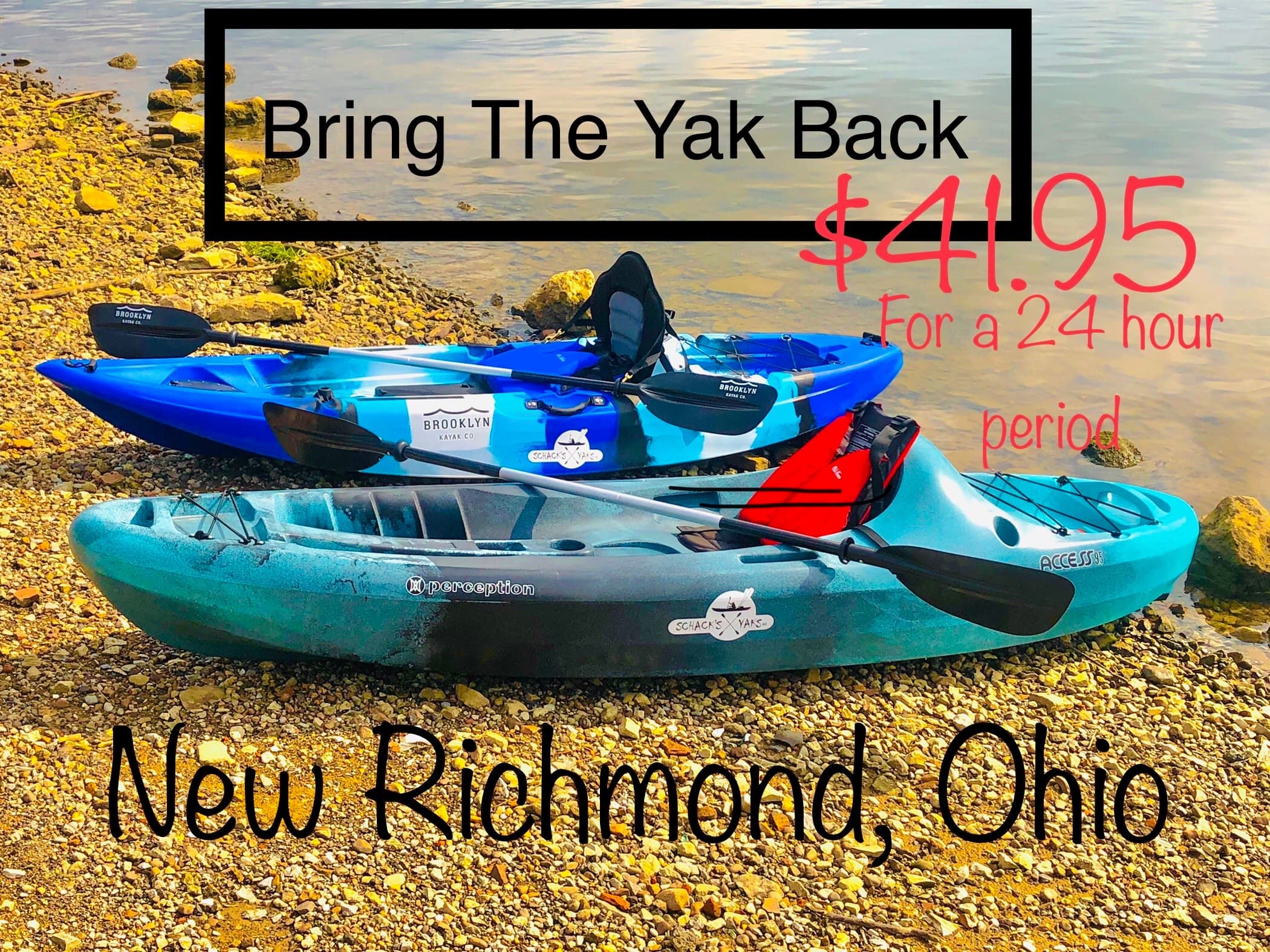 Kayaks on New Richmond Ohio shoreline ready for rental