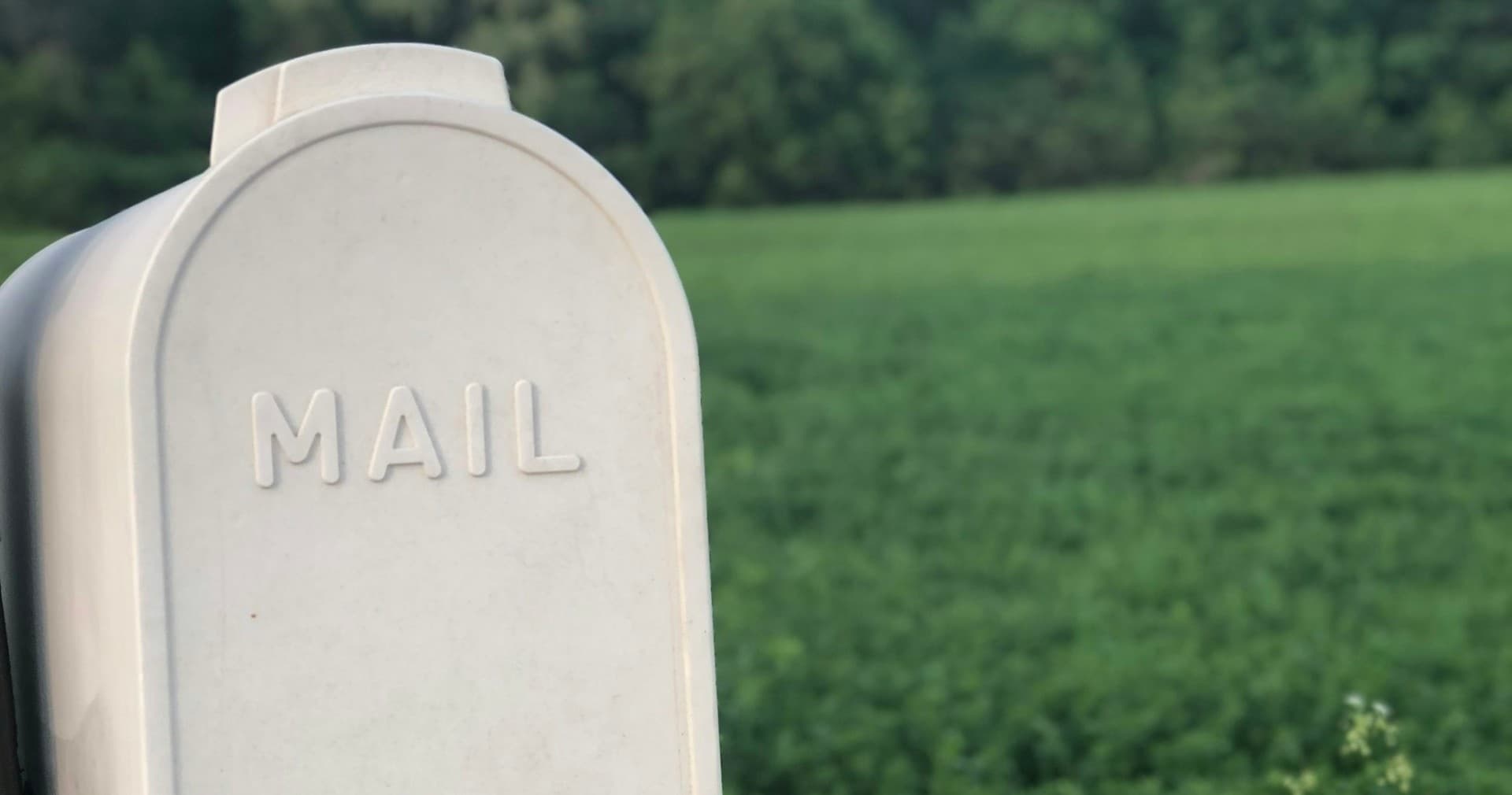 Rural mailbox overlooking green open field and farmland