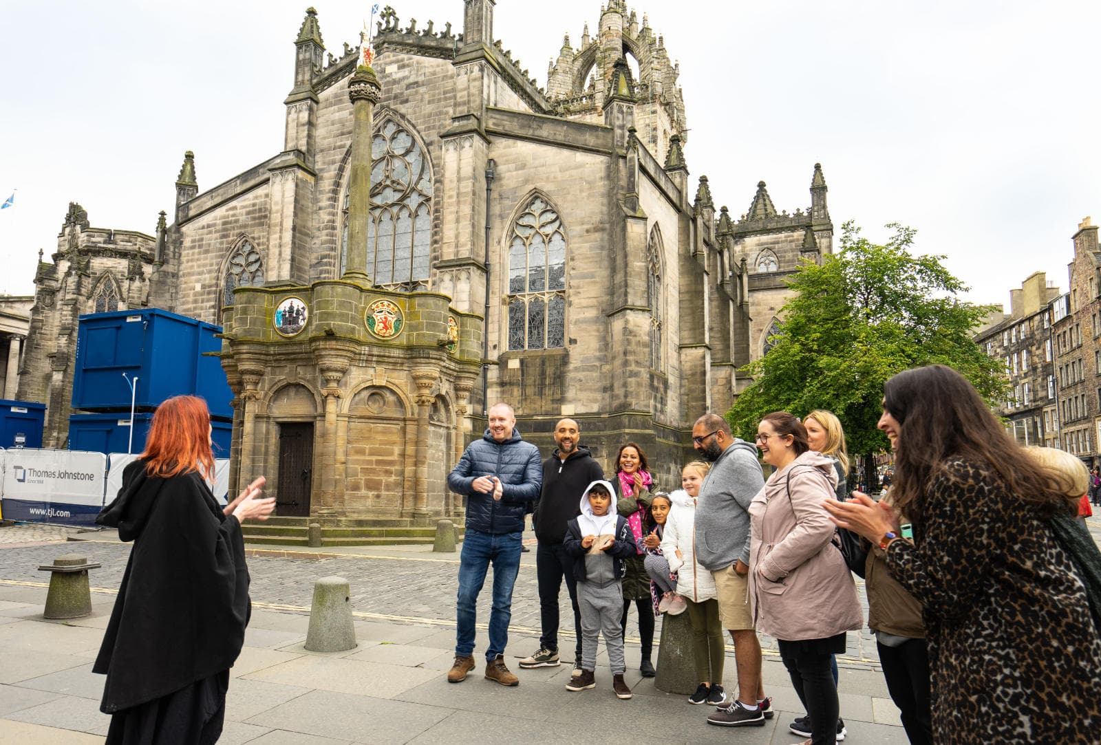 Guided walking tour outside historic St Giles Cathedral in Edinburgh