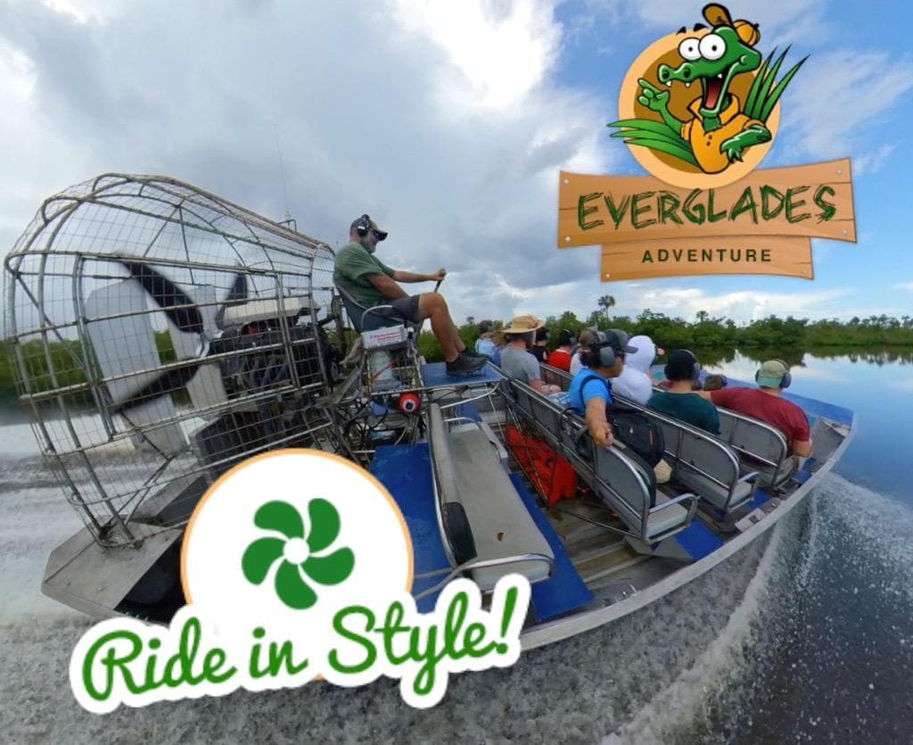 Wide-angle airboat tour photo over Everglades waters, promo