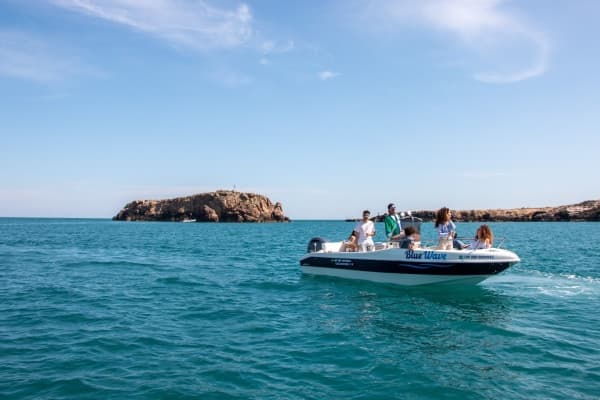 Speedboat tour near rocky island under clear blue Mediterranean sky