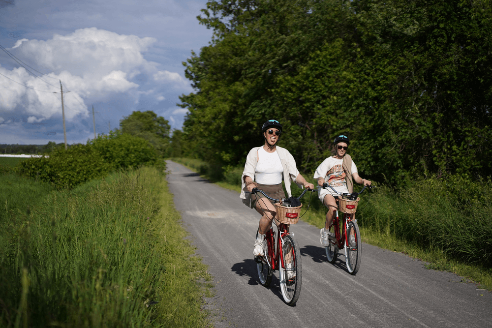 Two cyclists riding a scenic country road with clouds