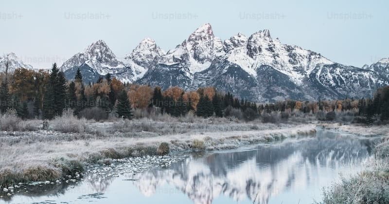 Snow-capped peaks reflected in alpine lake, dramatic mountain panorama