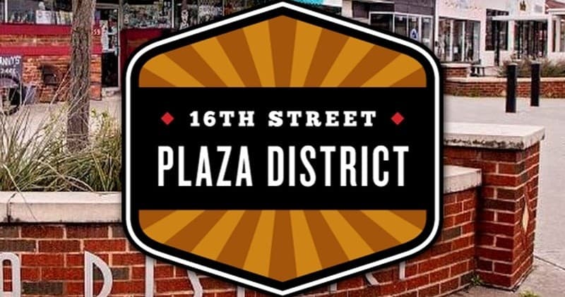 16th Street Plaza District sign and urban streetscape in OKC