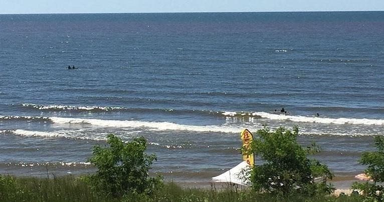 Lake shoreline with gentle waves and distant horizon view