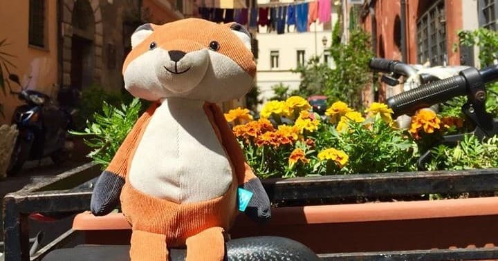 Fox mascot plush posed amid colorful street flowers on bench