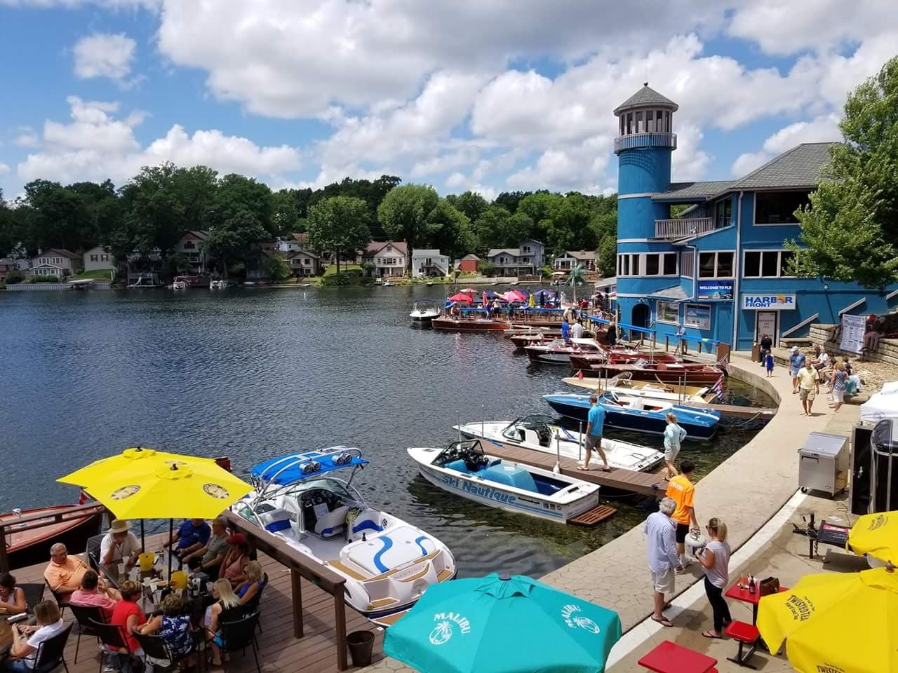 Aerial view of Portage Lakes marina bustling with boats