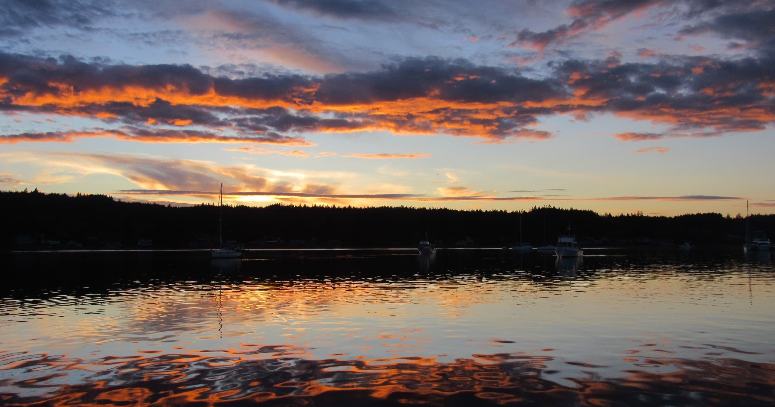 Sailboats at sunset over calm harbor waters, peaceful evening