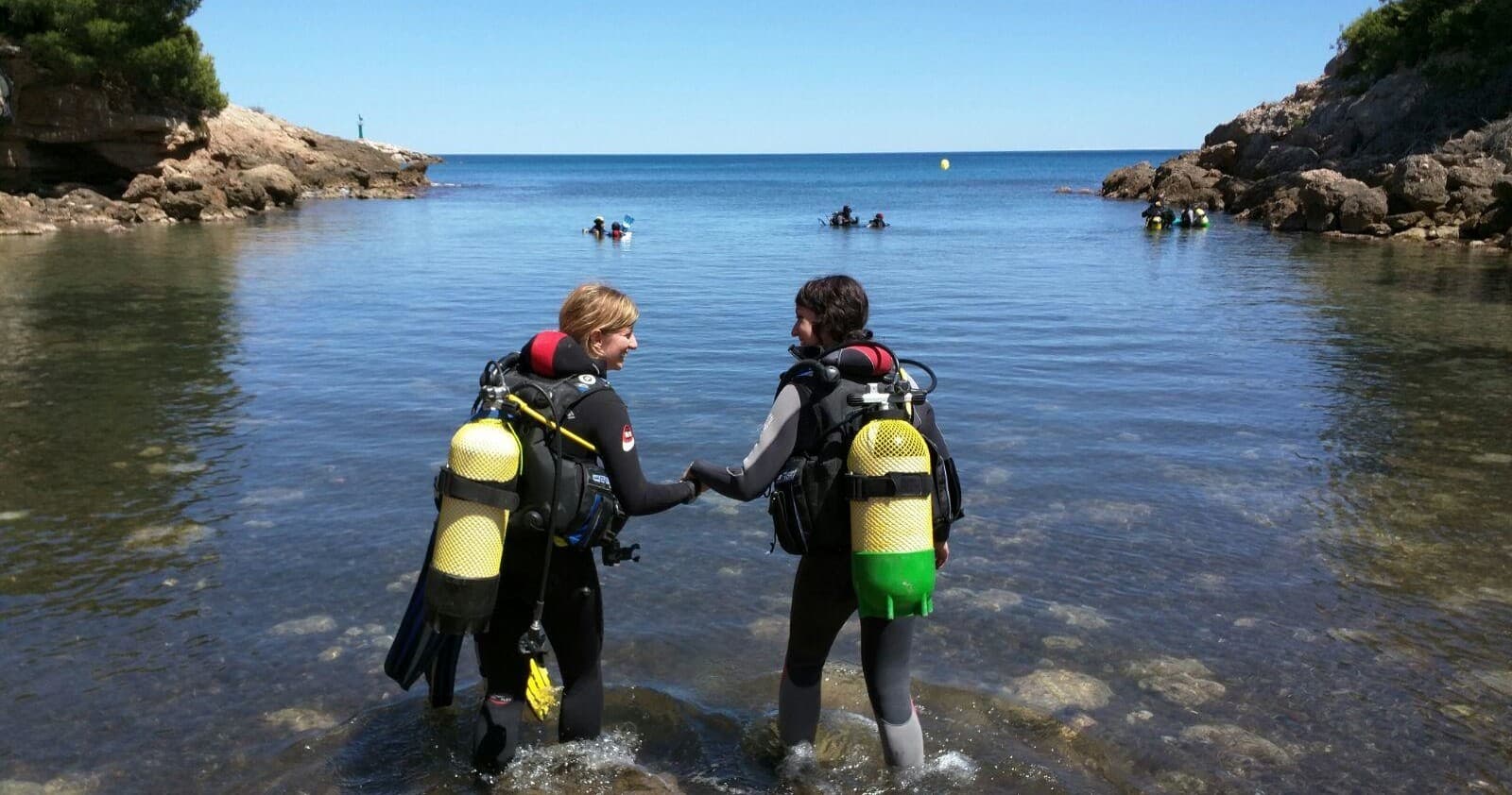 Scuba divers walking into calm bay shoreline with gear
