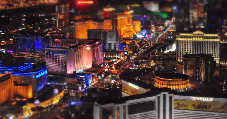 Nighttime Las Vegas Strip aerial view showcasing neon skyline