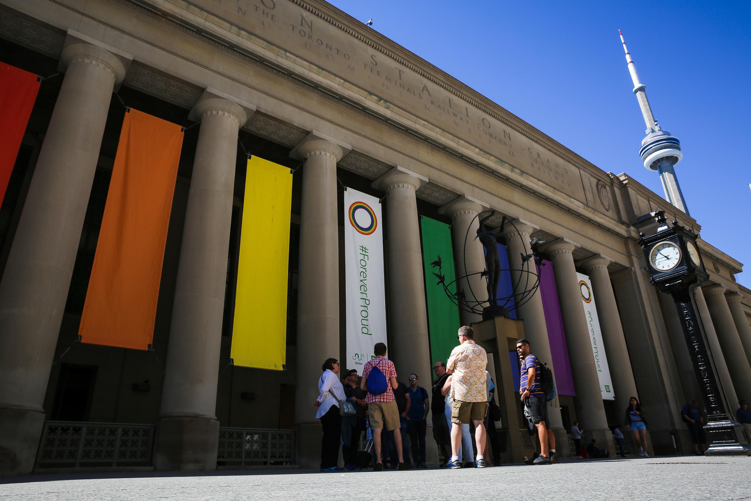 Union Station columns and CN Tower on Toronto walking tour