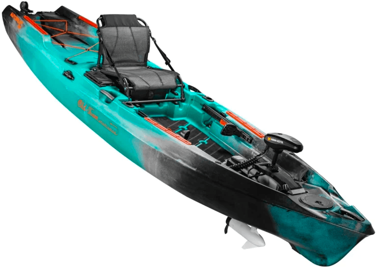 Turquoise sit-on-top kayak studio photo for rental paddling
