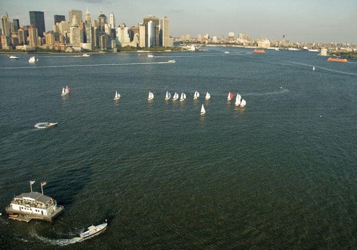 Aerial view of sailboats with Manhattan skyline on Hudson