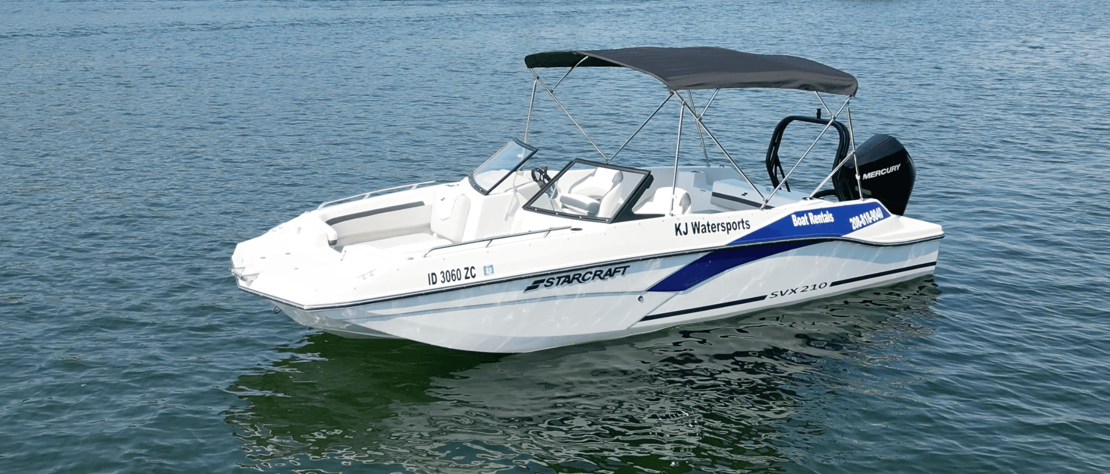 White and blue sport boat skimming lake with visible wake